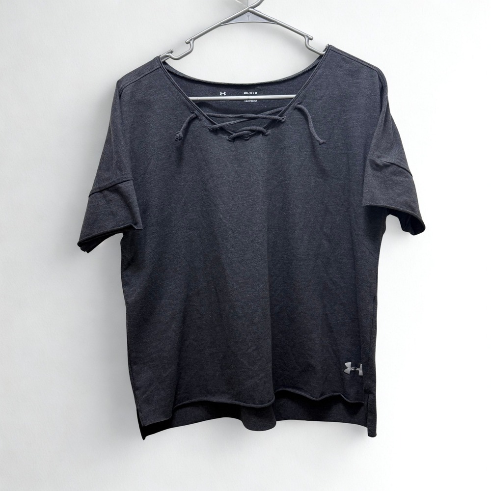 Under Armour Women's Gray HeatGear Loose Fit Lace‎ Up Neck T-Shirt Athletic M